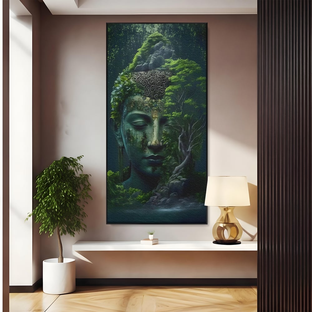 Tablou canvas cu tablou canvas cu cap de buddha imbracat in vegetatie, in rama de aluminiu negru